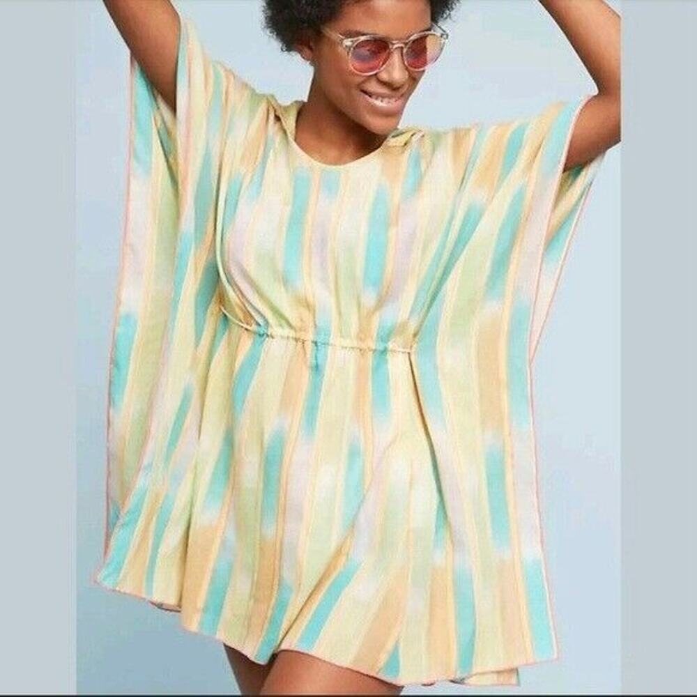 Anthropologie Lilka Green Orange Pastel Yarn Dyed Hooded Cover Up Tunic Sz XS/S